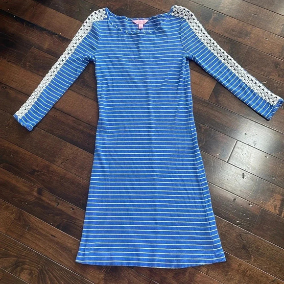 Lilly Pulitzer Marlowe Dress Beacon Blue Breeze Stripe White 3/4 Sleeve Size S - Picture 2 of 12